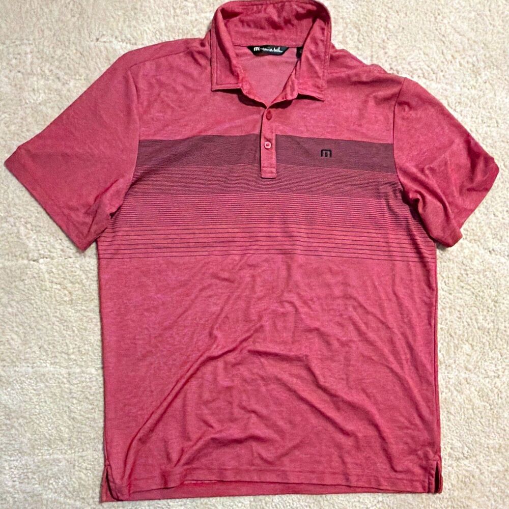 TravisMathew Mens XL Pink Black Striped Knit Polo Shirt Short Sleeve Logo